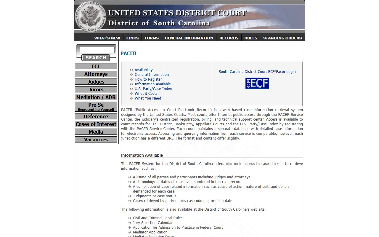 Cherokee County court dockets District of South Carolina PACER page