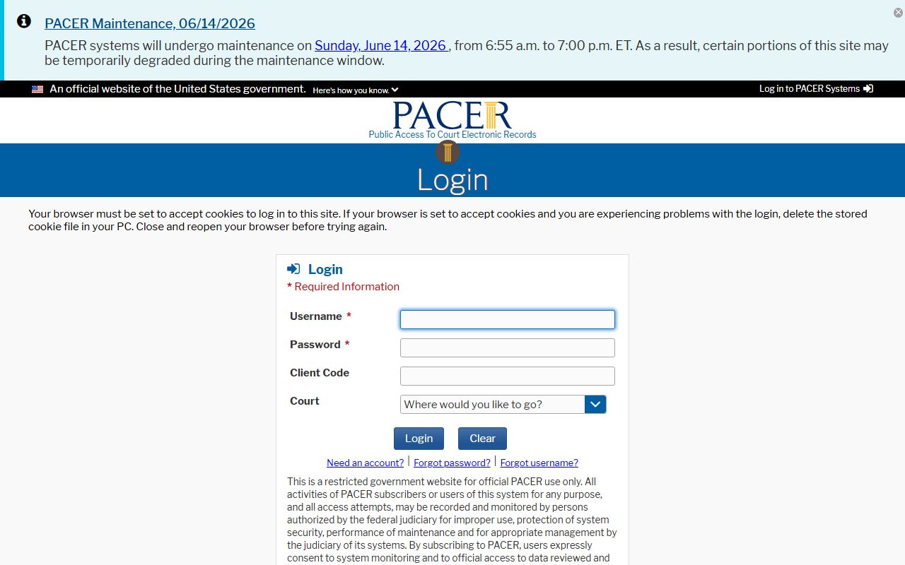 Cherokee County court dockets PACER login screen