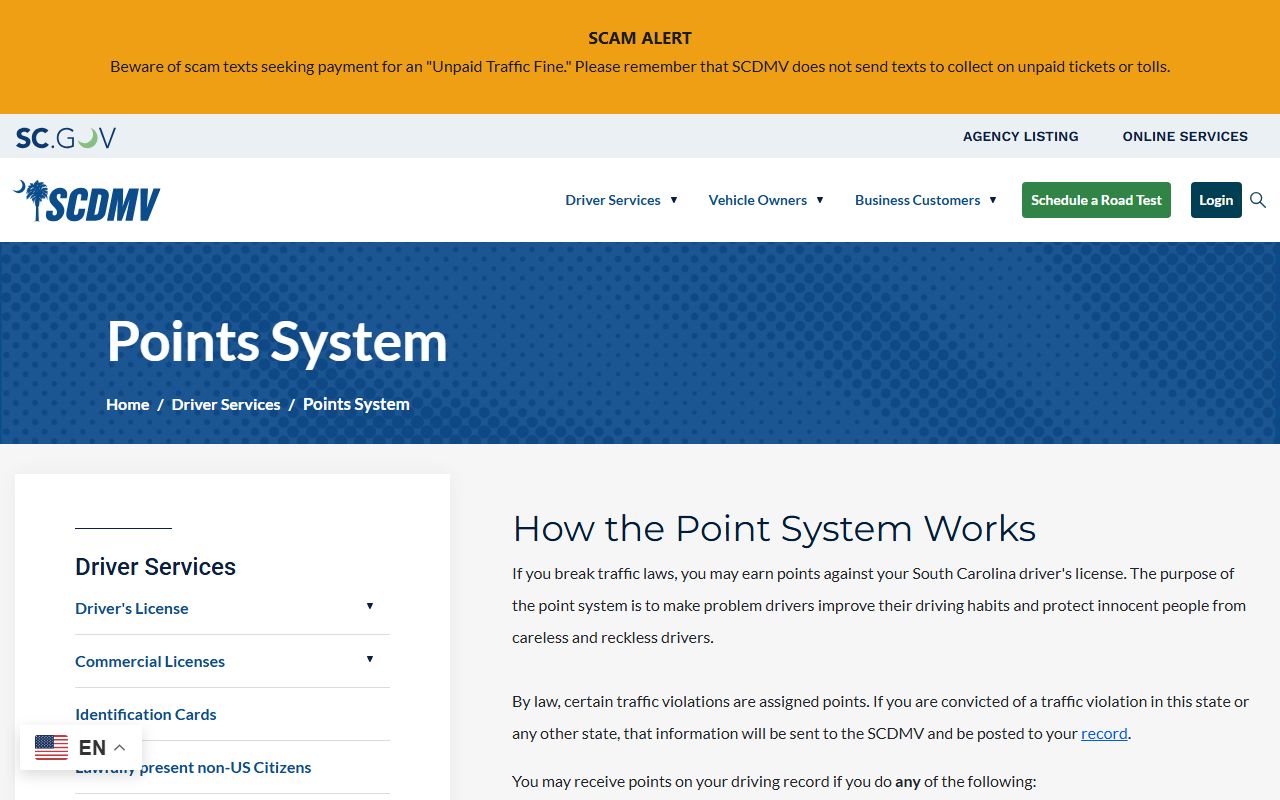 Cherokee County traffic court records SCDMV points system page